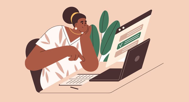 Illustration of a woman looking thoughtfully at a laptop screen