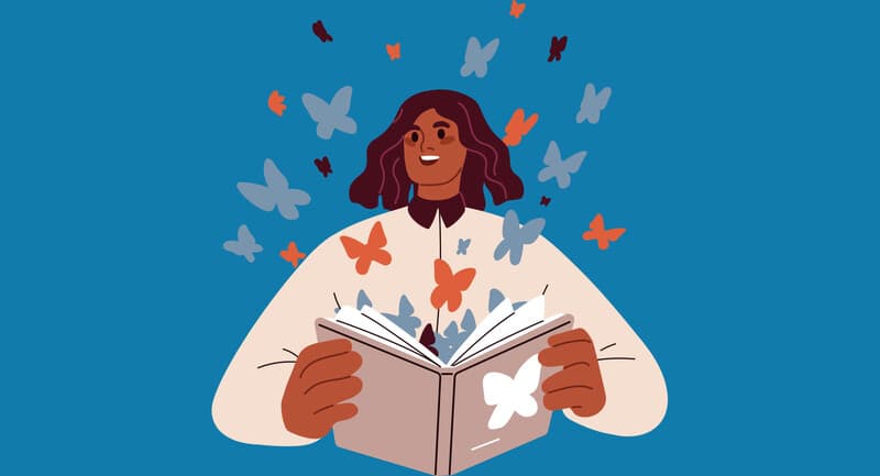 Illustration of a person opening a book, and butterflies flying out of it.